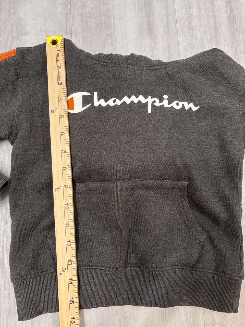 Champion Kids Granite Heather Hoodie with Orange Sleeve Stripe Size 6 - Picture 4 of 7